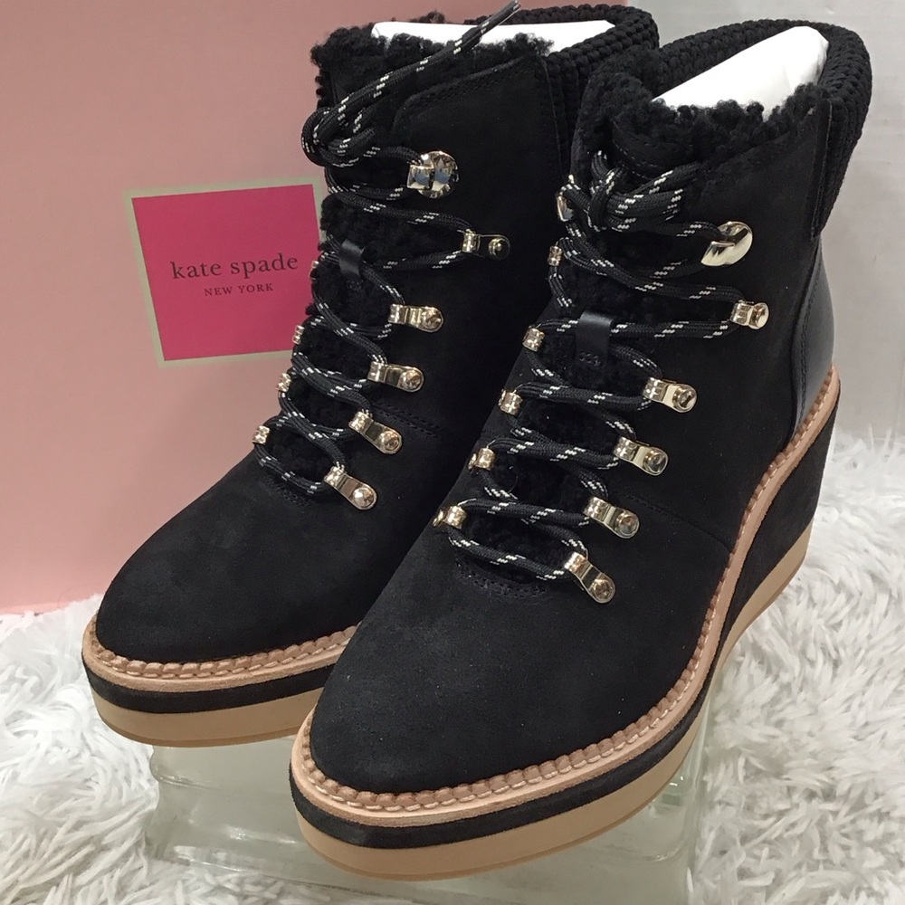 Kate Spade Black suede lamb fur Willow wedge heel Winter Boots with Tan Sole NIB